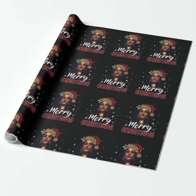 Papel De Regalo Feliz Navidad Black Women African Santa Hat Leop (Desenrollado)