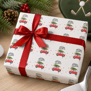 Papel De Regalo Feliz Navidad coche rojo con árbol de Navidad
