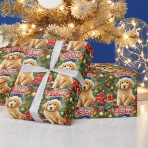 Papel De Regalo Feliz navidad con cachorro y árbol de Navidad