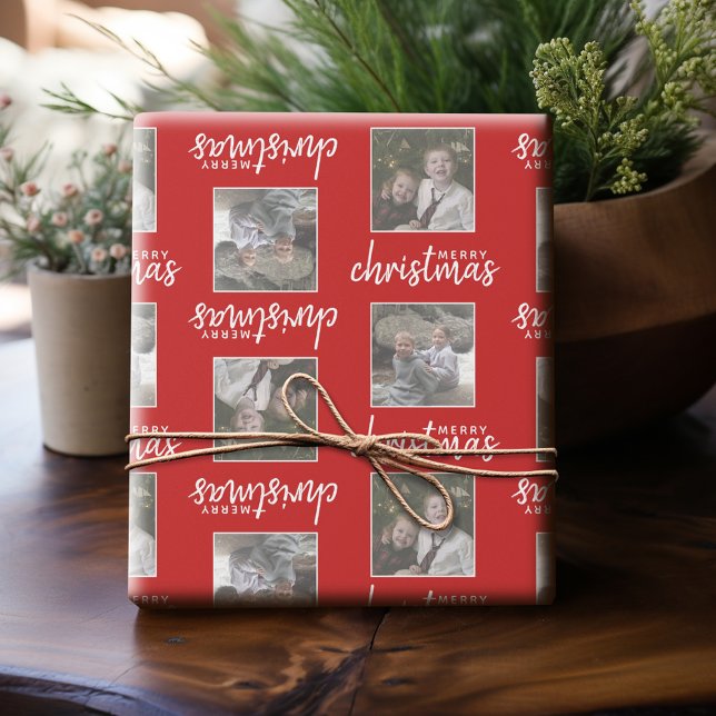 Papel De Regalo Feliz Navidad con dos fotos cuadradas - rojo (Personalized Photo Wrapping Paper)