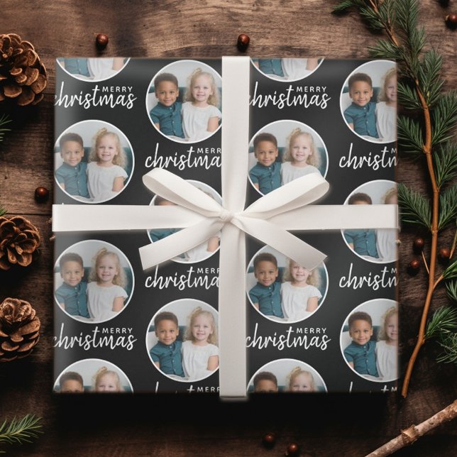 Papel De Regalo Feliz Navidad con foto de un círculo - negro (Personalized Christmas Wrapping Paper - Add your Photo for a festive gift!)