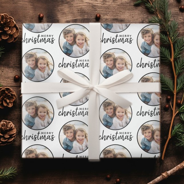 Papel De Regalo Feliz Navidad con foto de un solo círculo - blanco (Personalized Christmas Wrapping Paper - Add your Photo for a festive gift!)