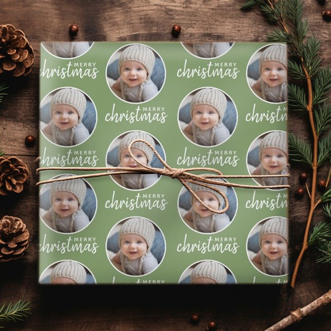 Papel De Regalo Feliz Navidad con foto de un solo círculo - verde (Personalized Christmas Wrapping Paper - Add your Photo for a festive gift!)