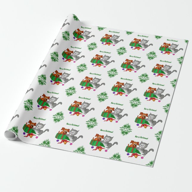 Papel De Regalo Feliz Navidad con gato y perro (Desenrollado)