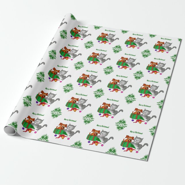 Papel De Regalo Feliz Navidad con gato y perro (Desenrollado)