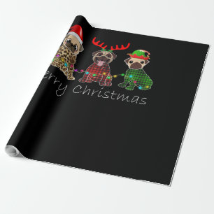 Papel De Regalo Feliz Navidad con tres perros de pug