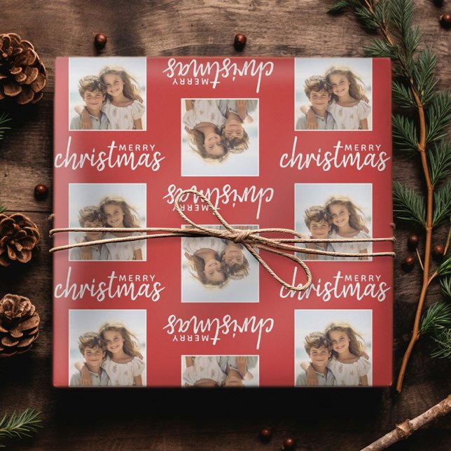 Papel De Regalo Feliz Navidad con una foto cuadrada - rojo (Personalized Christmas Wrapping Paper - Add a photo to this festive design!)