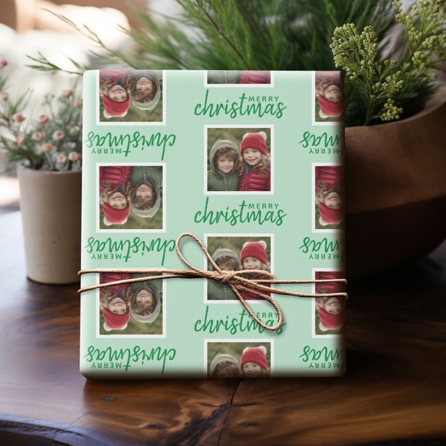 Papel De Regalo Feliz Navidad con una foto cuadrada verde (Personalized Photo Wrapping Paper)