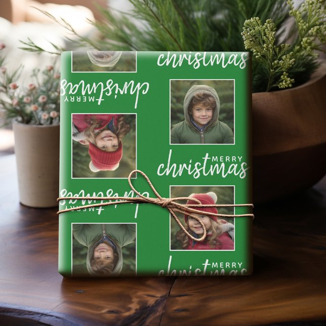 Papel De Regalo Feliz Navidad con una foto cuadrada - verde (Personalized Photo Wrapping Paper)