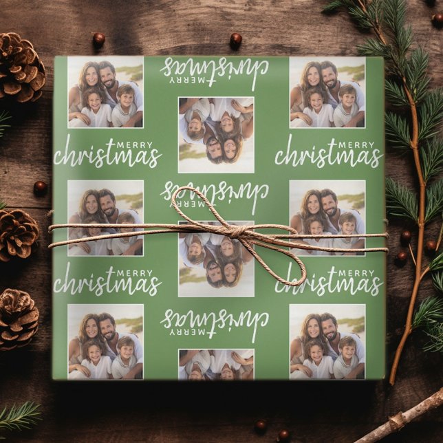 Papel De Regalo Feliz Navidad con una foto cuadrada - verde (Personalized Christmas Wrapping Paper - Add a photo to this festive design!)