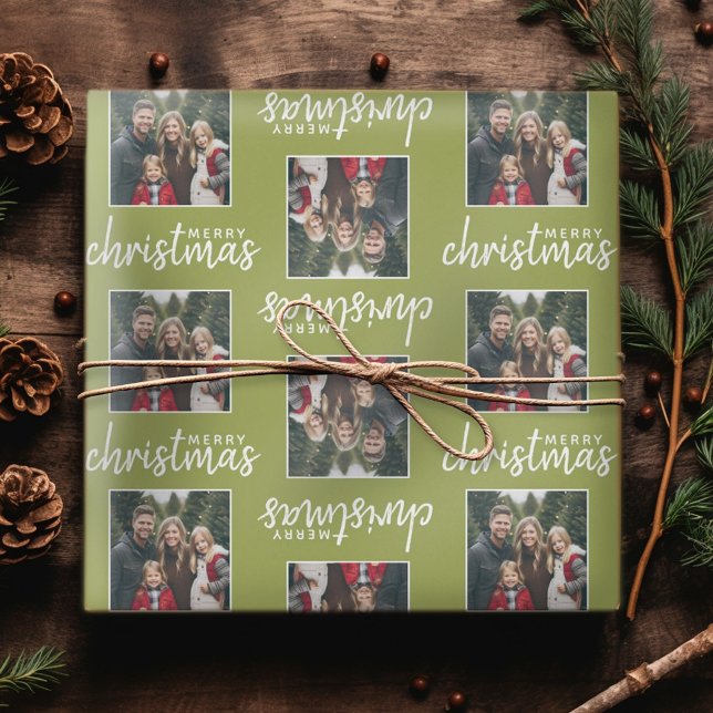 Papel De Regalo Feliz Navidad con una foto cuadrada - verde lima (Personalized Christmas Wrapping Paper - Add a photo to this festive design!)