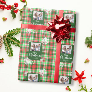 Papel De Regalo Feliz Navidad Copos de Nieve Cuadro Rojo Verde Fot