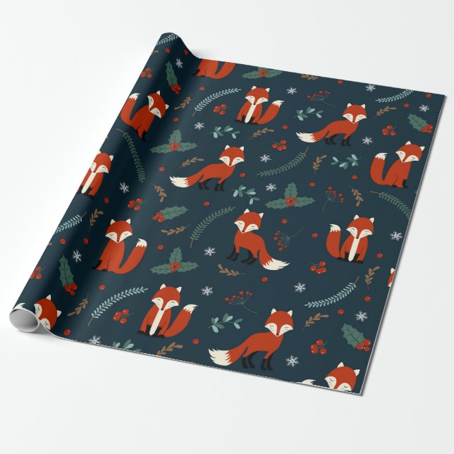 Papel De Regalo Feliz Navidad copos de nieve Fox Holly Blue Red (Desenrollado)