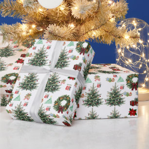 Papel De Regalo Feliz Navidad Corona de árbol repetida Poinsettia 