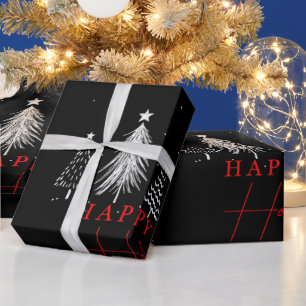 Papel De Regalo Feliz Navidad de vacaciones Pine Tree   Negro