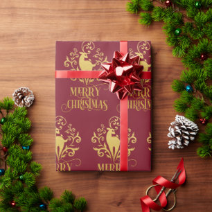 Papel De Regalo Feliz Navidad Deer Gold Red Moderno