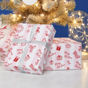 Papel De Regalo Feliz Navidad Dibujo Mano Doodle Rayas Rosadas