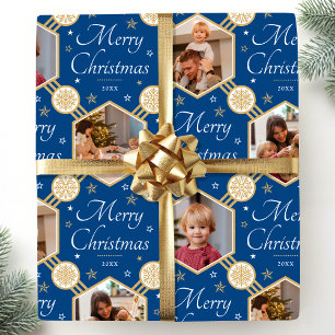 Papel De Regalo Feliz Navidad Elegante foto de copo de nieve Azul