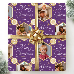 Papel De Regalo Feliz Navidad Elegante Foto De Copo De Nieve Purpl