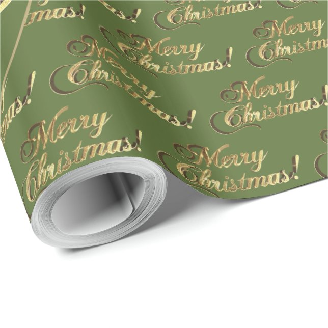 Papel De Regalo Feliz Navidad Elegante Olive Green Gold Script (Esquina del rollo)