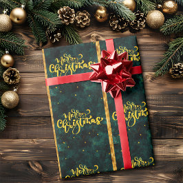 Papel De Regalo Feliz Navidad en Verde y Dorado Letra Elegante