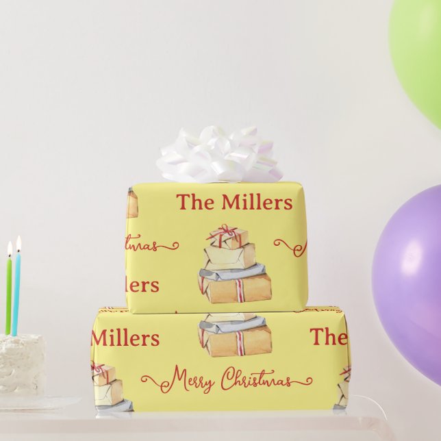 Papel De Regalo Feliz Navidad Familia Invierno Amarillo Regalos (Regalos de fiesta)