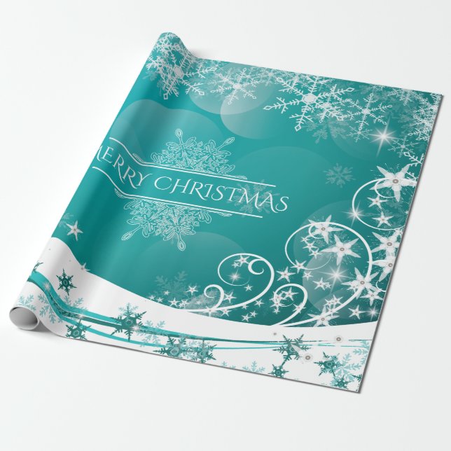 Papel De Regalo Feliz Navidad Flores de árbol de nieve y estrellas (Desenrollado)