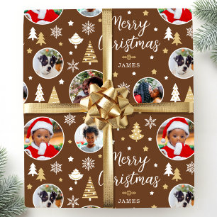 Papel De Regalo Feliz Navidad Foto Personalizada Festiva Marrón