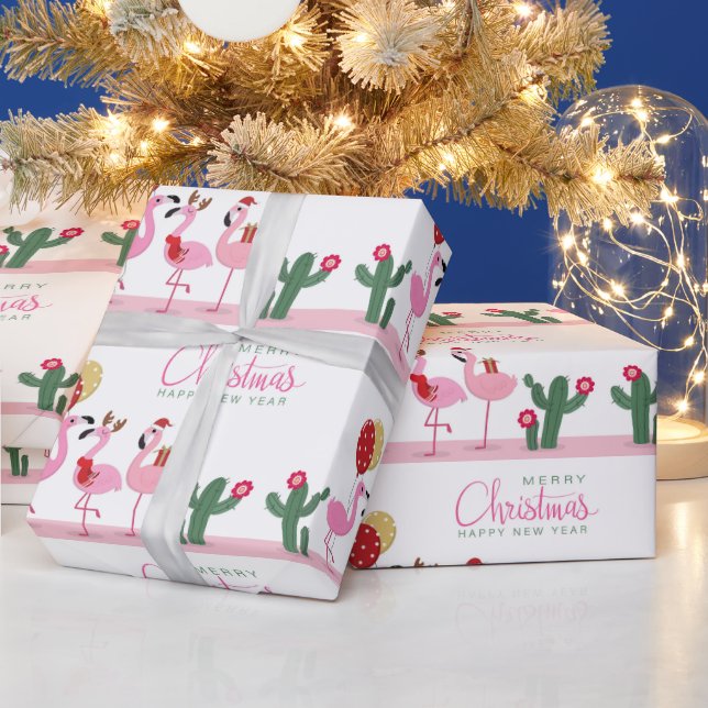 Papel De Regalo Feliz Navidad Girly Cute Pink Flamingo Cactus (Vacaciones)