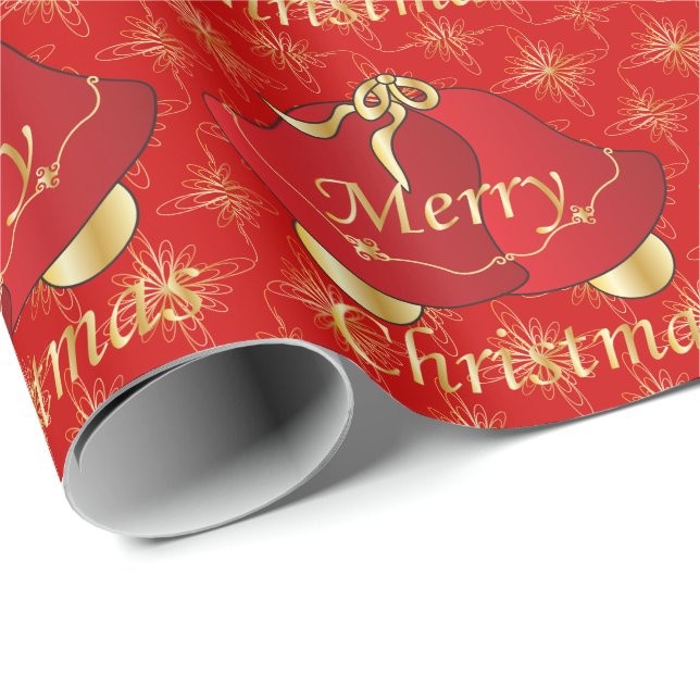 Papel De Regalo Feliz Navidad Gold y campanas rojas (Esquina del rollo)