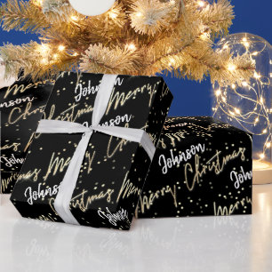 Papel De Regalo Feliz Navidad Golden Script de Nombre BlackWhite