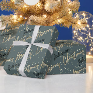 Papel De Regalo Feliz Navidad Golden Script Nombre Negro Gris 