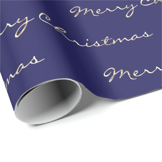 Papel De Regalo Feliz Navidad Golden Script Vacaciones Marina Azul (Esquina del rollo)