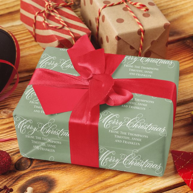 Papel De Regalo Feliz Navidad Green Script Classic Elegante (Merry Christmas customized with your name and greeting. )