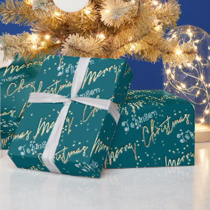 Papel De Regalo Feliz Navidad Guión Dorado de Nombre Azul Verde a