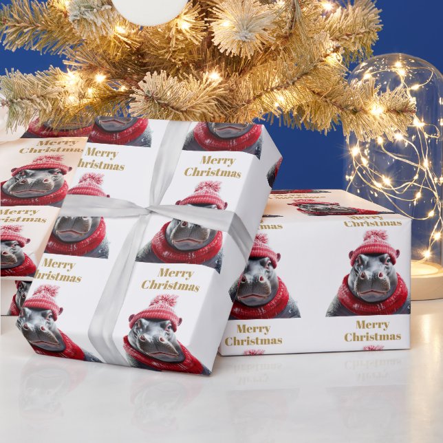 Papel De Regalo Feliz Navidad Hippo beanie y bufanda (Vacaciones)