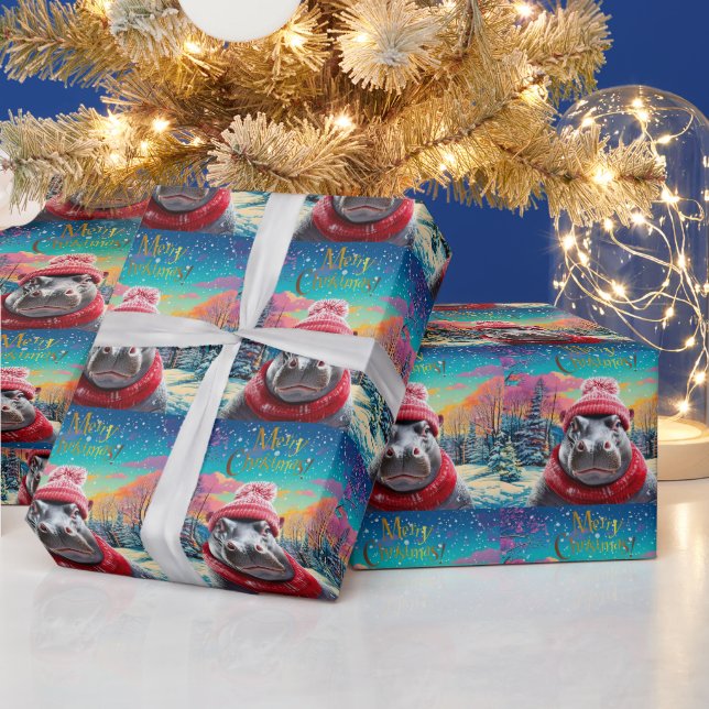 Papel De Regalo Feliz Navidad Hippo Santa sombrero y bufanda (Vacaciones)