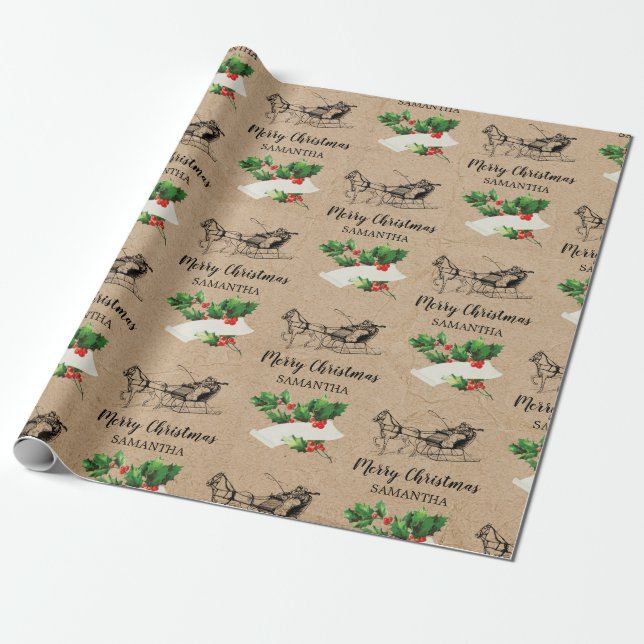 Papel De Regalo Feliz Navidad Holly Berries Winter Kraft Brown (Desenrollado)