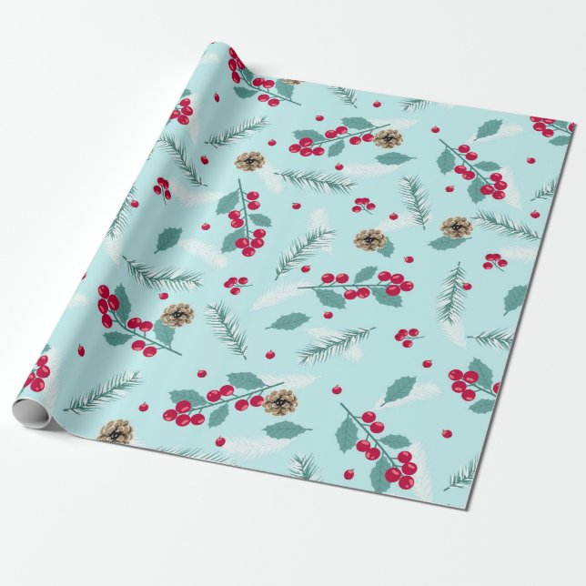 Papel De Regalo Feliz Navidad Holly Berry Fir Brands Blue Red (Desenrollado)