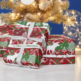 Papel De Regalo Feliz Navidad, invierno, alce y lobos,
