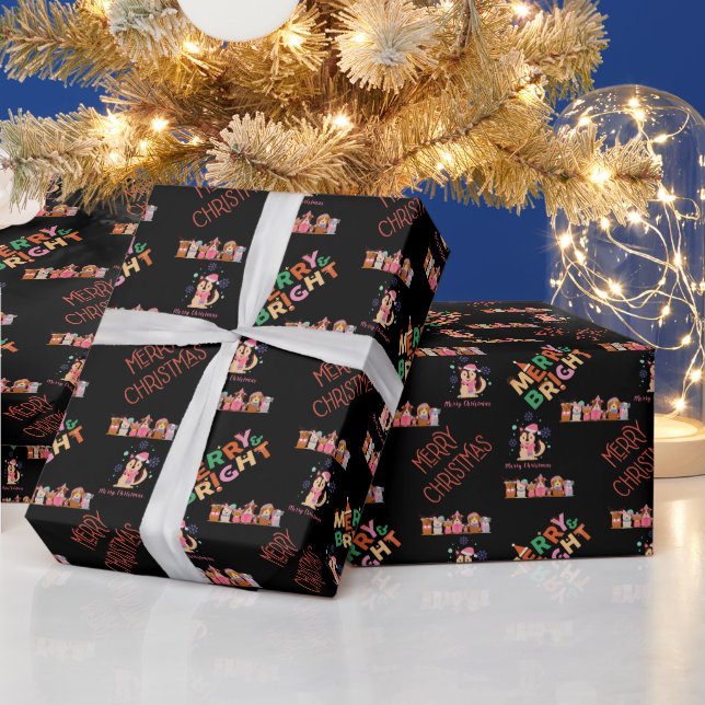 Papel De Regalo Feliz Navidad lindos perros Black WrapPaper (Vacaciones)