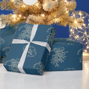 Papel De Regalo Feliz Navidad Mistletoe Calligraphy Blue
