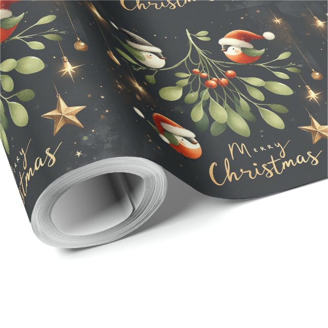 Papel De Regalo Feliz Navidad Mistletoe Santa Robin (Esquina del rollo)