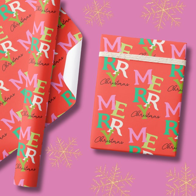 Papel De Regalo Feliz Navidad moderna y brillante festividad (Modern Merry Christmas Wrapping Paper with typography )