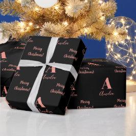 Papel De Regalo Feliz Navidad Monograma Nombre Rosa Negro Oro