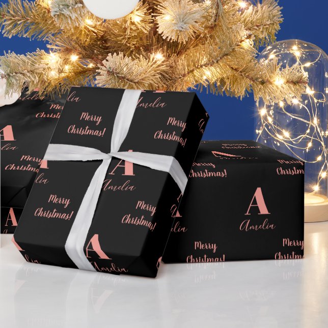 Papel De Regalo Feliz Navidad Monograma Nombre Rosa Negro Oro (Vacaciones)