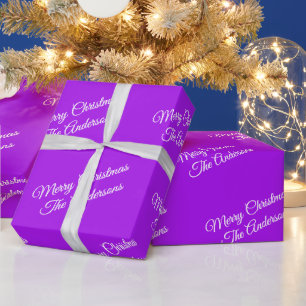 Papel De Regalo Feliz Navidad, nombres, guión blanco en morado