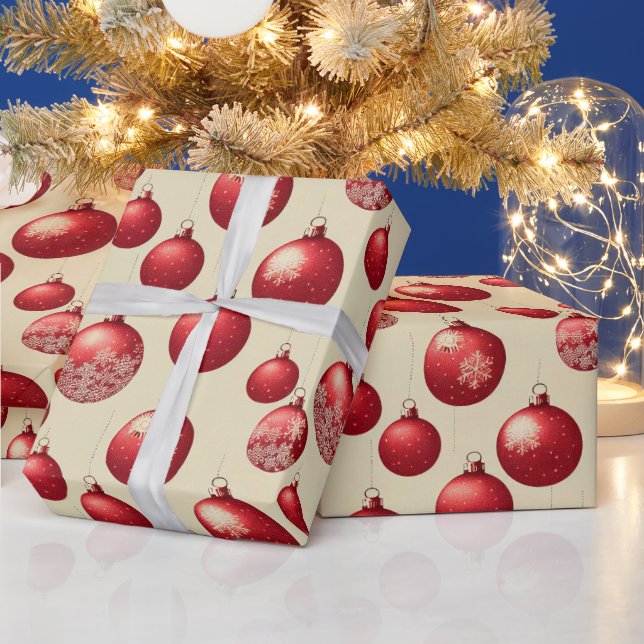 Papel De Regalo Feliz Navidad Ornamentos Rojos Copos de nieve blan (Vacaciones)