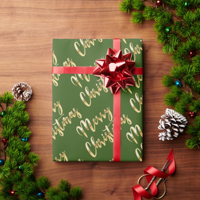 Papel De Regalo Feliz Navidad oro metálico guión verde (Regalo de vacaciones)