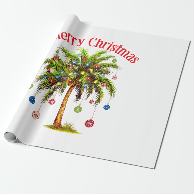 Papel De Regalo Feliz Navidad Palm Tree Light Tropical Hawaiano (Desenrollado)